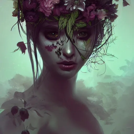 Image similar to Portrait of a dark fantasy nymph, flowers and plants surrounding, stunning, concept art, artstation, dramatic lighting, minimalism