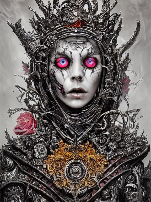 Prompt: art portrait of an undead lich queen, ornate crown, intricate detailed armour ,8k,by tristan eaton,Stanley Artgermm,Tom Bagshaw,Greg Rutkowski,Carne Griffiths, Ayami Kojima, Beksinski, Giger,trending on DeviantArt,face enhance,hyper detailed,minimalist,cybernetic, android, blade runner,full of colour,