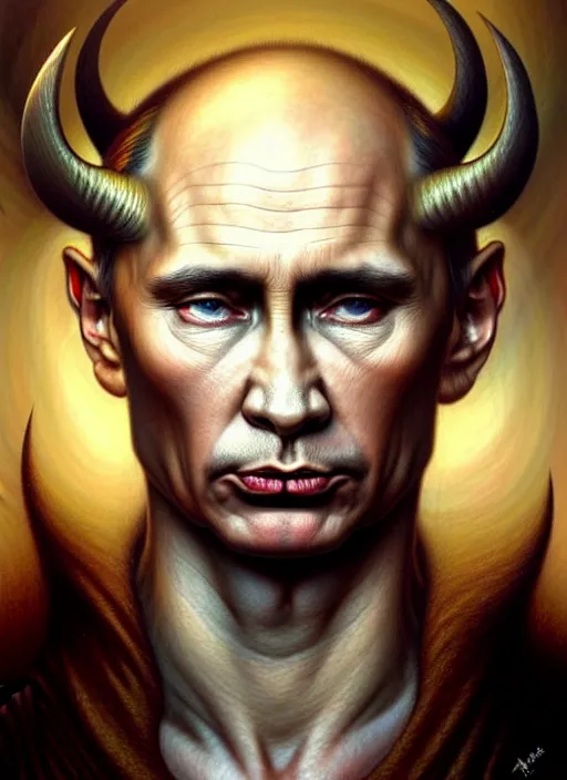 Prompt: putin as an devil, aesthetic, fine art, intricate, elegant, highly detailed, realistic hair, centered, digital painting, art station, conceptual art, soft, sharp focus, illustration, artwork, artgerm, tomasz alen kopera, peter mohrbacher, donato giancola, wlop, boris vallejo