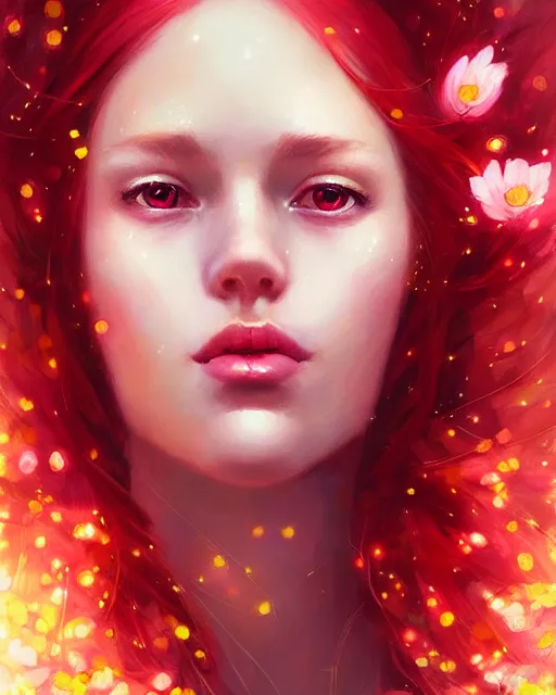 Image similar to red-haired spring goddess portrait, radiant light, flowers and glitter, by wlop and artgerm, alena aenami, peter mohrbacher