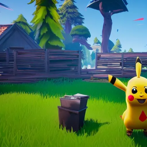 Image similar to screen shot from fortnite pikachu in fornite holding shotgun ray tracing 3 d cgsociety dramatic lighting