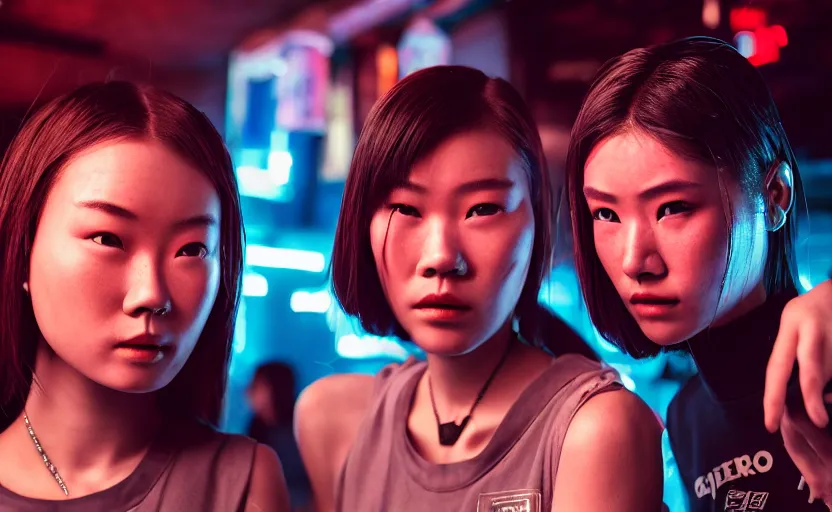 Image similar to cinestill 5 0 d photographic portrait of two female androids wearing streetwear talk at a bar in cyberpunk china, extreme closeup, modern cyberpunk, dust storm, 8 k, hd, high resolution, 3 5 mm, f / 3 2, ultra realistic faces, intricate detail, ex machina