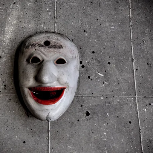 Prompt: a closeup photograph of a creepy comedy mask lying on a concrete floor in an abandoned building