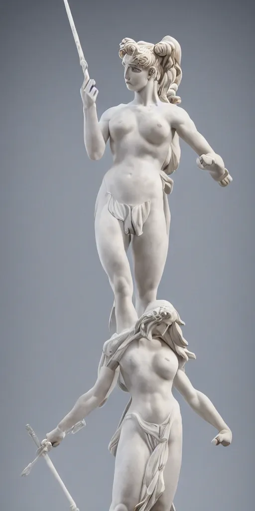 Image similar to an ancient greek statue of the sailor moon in her battle uniform sailor fuku, inside louvre by michelangelo and donatello, white marble, studio lighting, professional photography, 4 k ultra hd resolution,