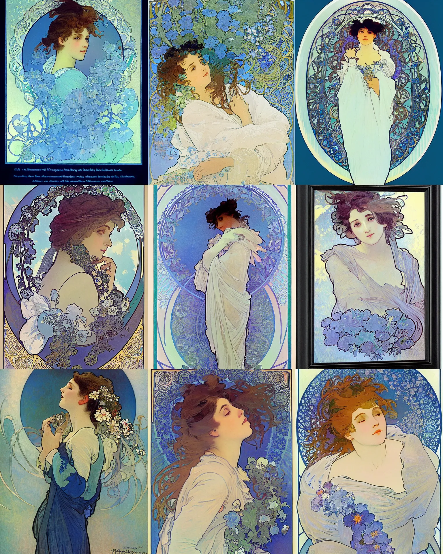 Prompt: portrait of a dreamer, blue - petals, fluffy clouds, illustration by alphonse mucha