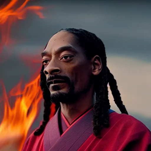 Image similar to cinematic film still of Snoop Dogg starring as a Samurai holding fire, Japanese CGI, VFX, 2022, 40mm lens, shallow depth of field, film photography