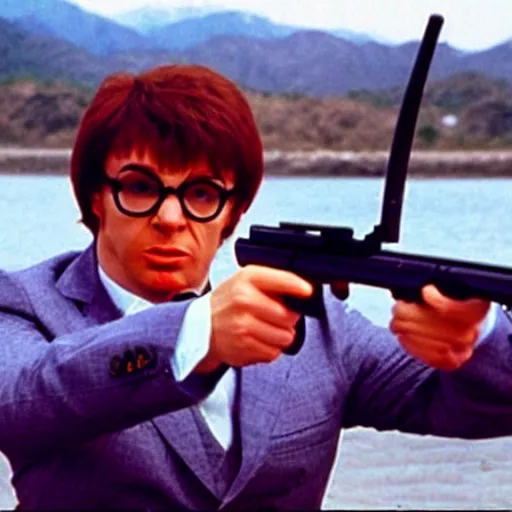 Image similar to austin powers shooting an ak - 4 7, photography, movie,