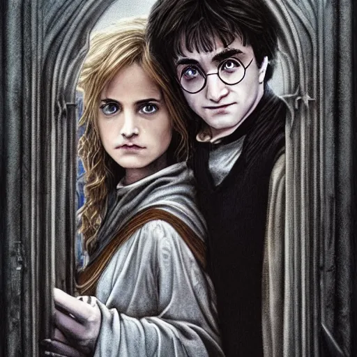 Prompt: Harry Potter and Hermione in Venice, symmetrical face, beautiful eyes, by Luis Royo, instagram photo, 4k, 8k, trending on artstation, artstationHD,