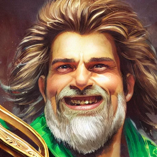 Image similar to beautiful portrait painting of a very short and small male halfing bard with brown hair with some grey hairs, wearing very fancy green cape, full beard, ridiculous smile, from pathfinder, evil smirk, narcissist, self centered, casting fireball, painted by larry elmore, wayne reynolds, greg rutkowski, magic the gathering, dungeons and dragons, dishonored 2