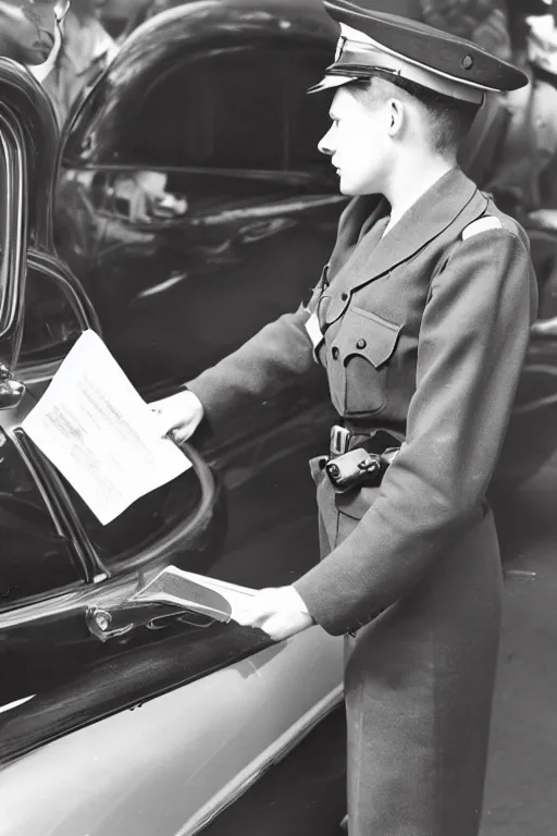 Image similar to a 1 9 5 0 s police officer issuing a ticket on a car