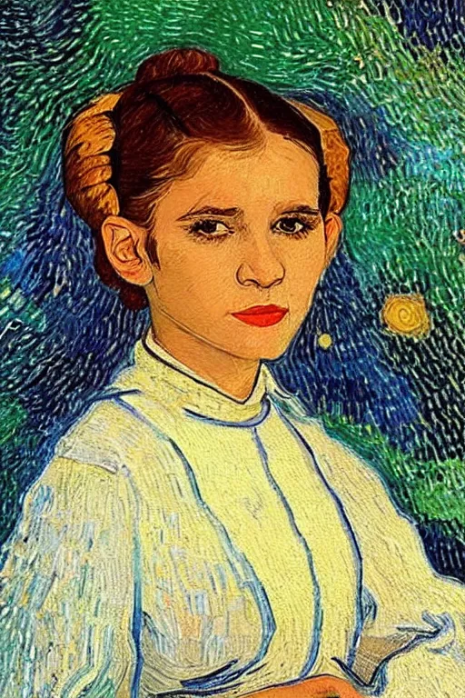 Image similar to bright beautiful oil painting portrait of young princess leia in 1 9 th century breton clothing, light scatter, van gogh