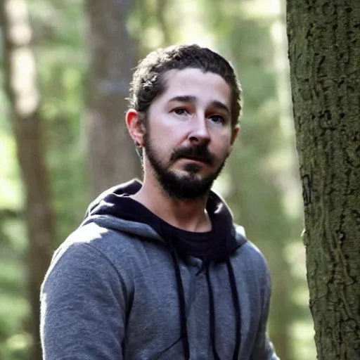 Prompt: in a forest, shia labeouf, expertly hiding behind a bolder, sneaking around looking at the camrea, at lest 6 feet away