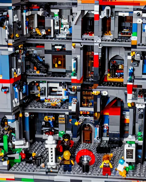 Prompt: a high quality photograph of an intricate complex lego set of a realistic cyberpunk castle