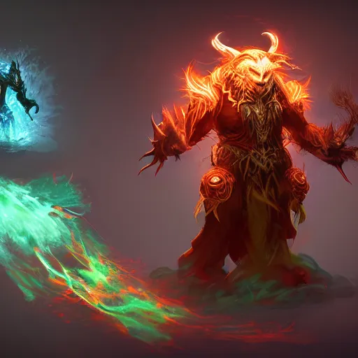 Prompt: a beast elemental mage, character concept, concept art, epic, trending on artstation, very detailed, 4 k, hd, dramtic lighting, flowing energy, glow, volumetric lighting, by jason chan