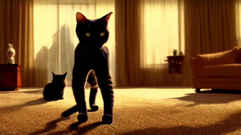 Image similar to an average american cat in the living room, film still from the movie directed by Denis Villeneuve with art direction by Salvador Dalí, wide lens