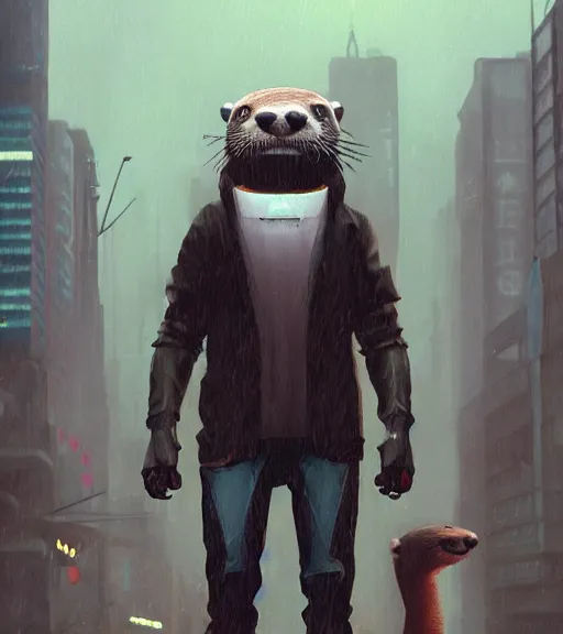 Image similar to new york city portrait of furry anthro anthropomorphic river otter head animal person fursona wearing clothes strange cybernetic muzzle gloomy rainy screenshot from the video game cyberpunk 2077 digital art by Greg Rutkowski, Simon Stalenhag, christopher nolan trending on Artstation, CGSociety