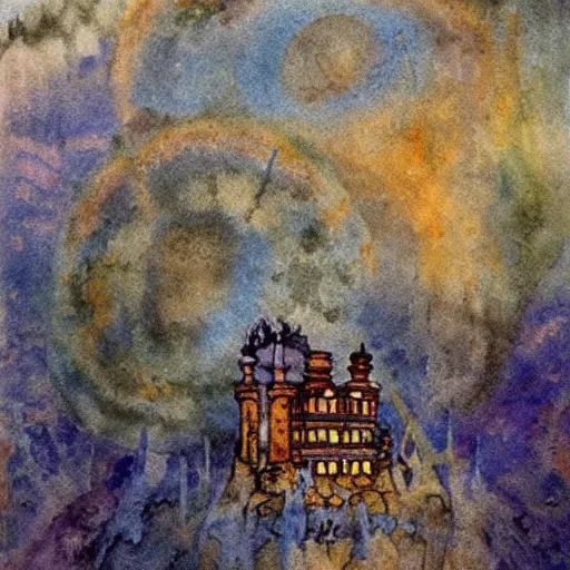 Prompt: lego high crimes resulting in dreamless sleep, a hypnotic mikalojus konstantinas ciurlionis watercolor painting, sneering way which offended even those of us who most admir'd his historical productions