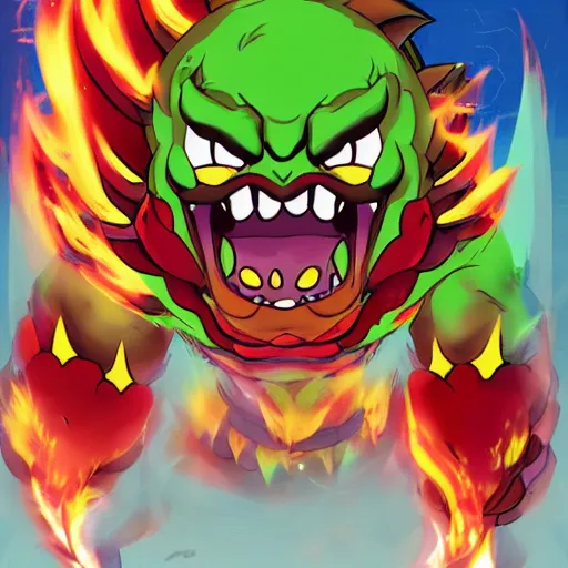 Image similar to https://i.ibb.co/7GjXpG9/evil-giga-bowser-by-bigboss0007-de3sr14-fullview.jpg GigaBowser Demon roaring into the sky breathing fire, muscular arms, standing upright, talons, horns, super Mario, horror, silent Hill landscape, highly detailed, ruined kingdom, Masahiro Ito