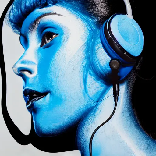 Image similar to dripping electrical blue paint across the shape of a female human listening to music, realistic , high detail, on a white background