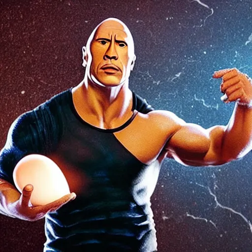 Prompt: dwayne the rock johnson with a egg for a head, dazzling lights, dramatic lighting, photorealistic, cinematic scene, super detailed, hyper realistic, bright lights