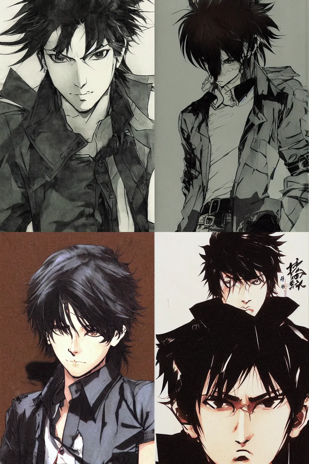 Prompt: indian black-haired male teenager with short wavy hair, wearing a black shirt with a brown jacket. drawn by Yoji Shinkawa, character design