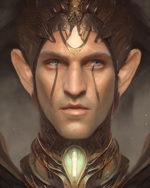 Prompt: elven man, portrait, beautiful, solarpunk, super detailed, very ornate, glow, by artstation, tom badshaw, greg rutkowski, realistic, cinematic, symmetrical face, 8 k, sharp focus