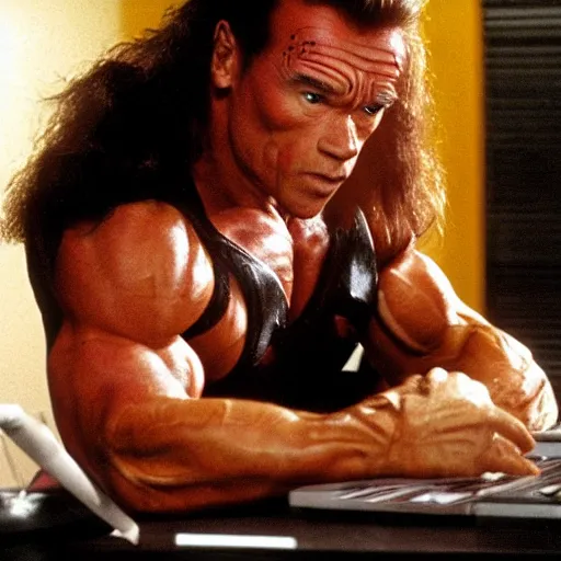 Prompt: arnold schwarzenegger as conan the barbarian sitting at a desk, as an office worker, in an office, inside an office building, sitting at a desk, angrily shouting at a laptop, computer trouble, technical difficulties, software error, crisp lighting, studio lighting, laptop, laptop