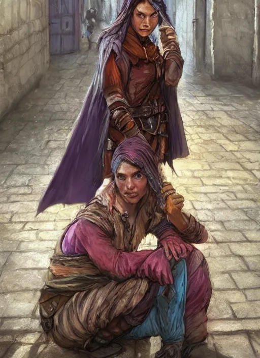 Image similar to female immigrant poor beggar on the streets, ultra detailed fantasy, dndbeyond, bright, colourful, realistic, dnd character portrait, full body, pathfinder, pinterest, art by ralph horsley, dnd, rpg, lotr game design fanart by concept art, behance hd, artstation, deviantart, hdr render in unreal engine 5