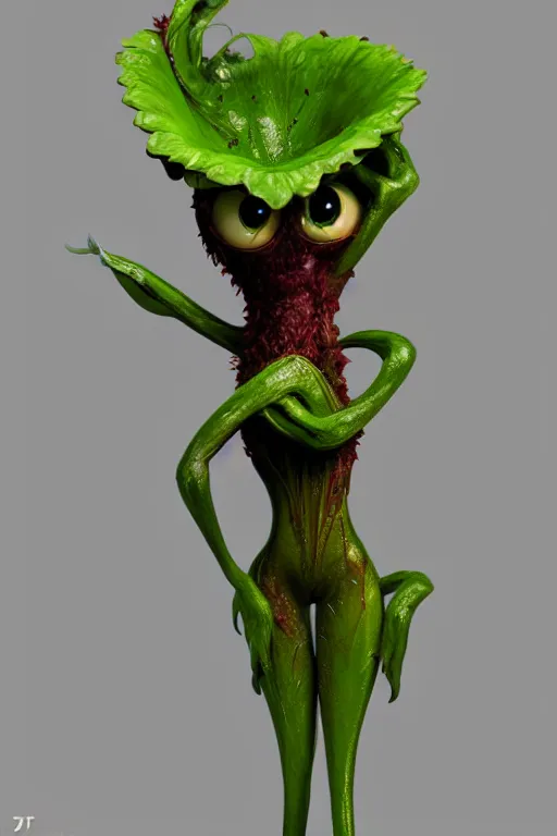 Image similar to anthropomorphic, mutant carnivorous plant, full body, character design by Disney and Pixar, sculpted in zbrush, minimal, dystopian, big eyes with eyelashes,extremely detailed, digital painting, artstation, concept art, volumetric lighting, golden ratio, rule of thirds, fibonacci