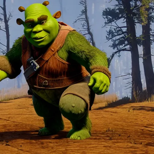 Image similar to gameplay footage of Shrek in red dead redemption 2