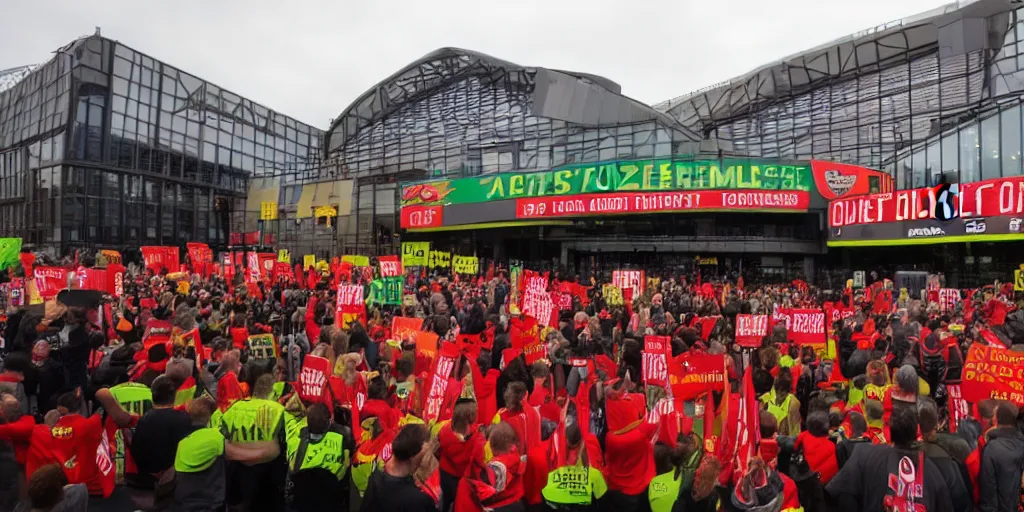 Image similar to # glazersout protests outside old trafford theatre of dreams against the glazers, # glazersout, chaos, protest, banners, placards, burning, pure evil, 8 k, wide angle lens, 1 6 - 3 5 mm, symmetry, cinematic lighting