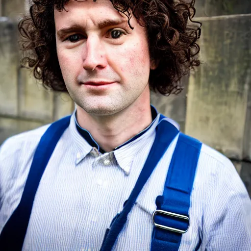 Prompt: close up headshot of a frowning clean shaven pudgy British lad with short curly dark brown hair as a hobbit wearing a white men's crossbody sling chest bag and blue vest, blue vest!! white crossbody chestbag!! high resolution film still, by Sarah Moon