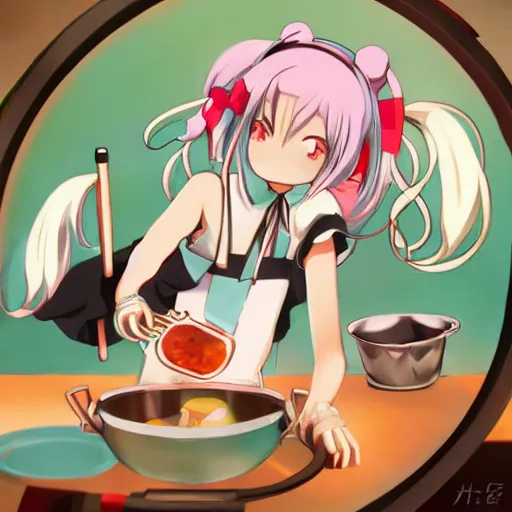 Image similar to hatsune miku with with a ladle in hands cooking food, high quality anime art, cute art, trending on pixiv