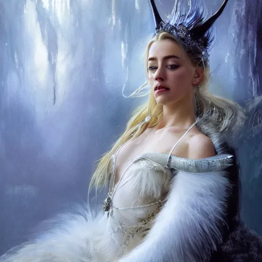 Image similar to hyperrealistic portrait of a woman as amber heard as the winter witch at her frost palace while enchanting a spell wearing white swan dress long feathers and sapphire jewellery by jeremy mann and alphonse mucha, fantasy art, photo realistic, dynamic lighting, artstation, poster, volumetric lighting, very detailed faces, 4 k, award winning