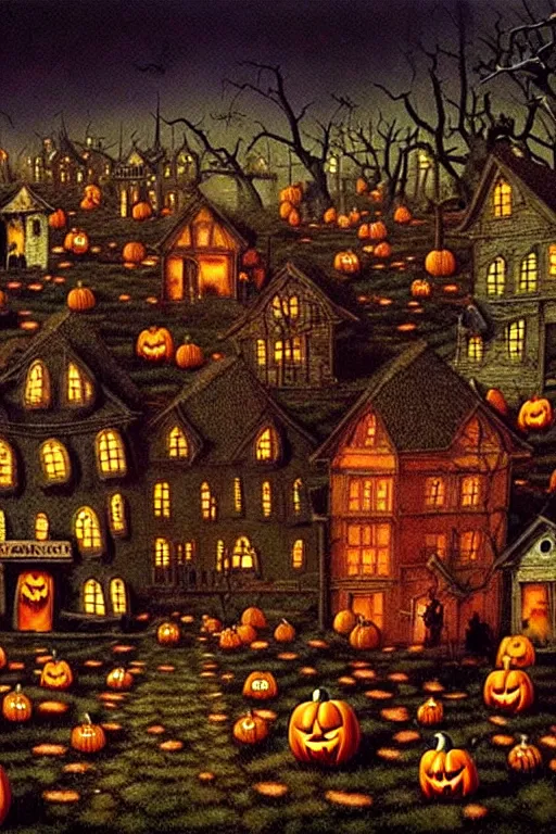 Prompt: a hyperrealistic painting of a haunted autumn night village with halloween decorations invasion, by chris cunningham and richard corben, highly detailed, vivid color,