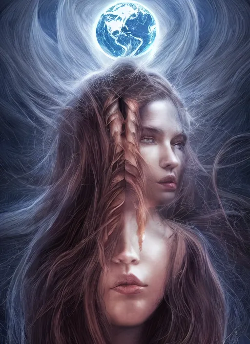 Image similar to beautiful celestial woman with long hair wrapping downward around earth, hyper-detailed, smooth, sharp focus, depth map, digital painting, apocalyptic art, fantasy dark art, 4k ultra hd, cinematic