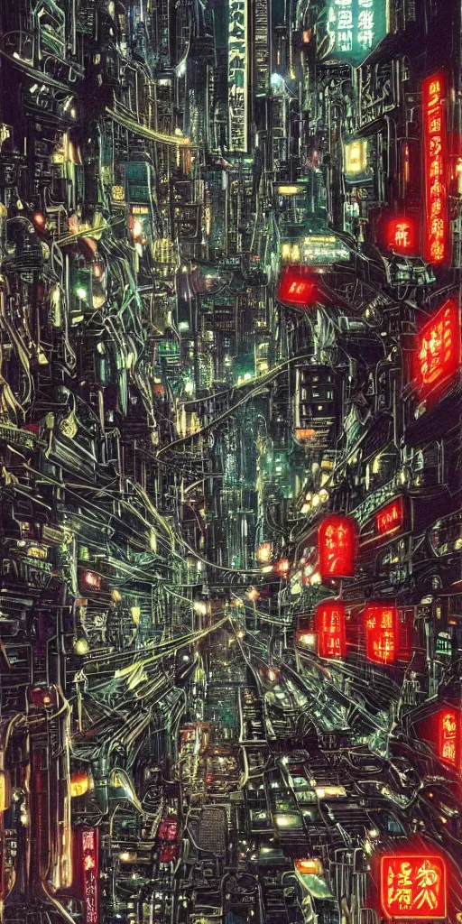 Image similar to beautiful and detailed anime drawing of an AKIRA-like cyberpunk city landscape with light trail from a motorcycle at the bottom and a bridge silhouette at the top, China at night, 1980s, by Katsuhiro Otomo and mamoru oshii, wide angle, worm's eye view, grand, clean, colorful