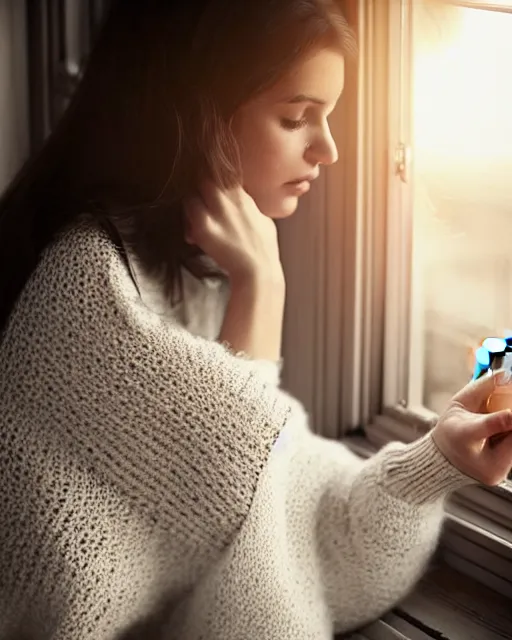 Prompt: a dreamy photograph of a pretty french girl with dark hair, wearing a loose oversized white sweater, cuddled up by a windowsill sipping a mug of tea during sunset. dramatic lighting, fantasy, intricate, elegant, highly detailed, lifelike, photorealistic, Sigma 1.6, 50mm, bokeh, HDR, high resolution, artstation, concept art, smooth, sharp focus, art by John Collier and Albert Aublet and Krenz Cushart and Artem Demura and Alphonse Mucha