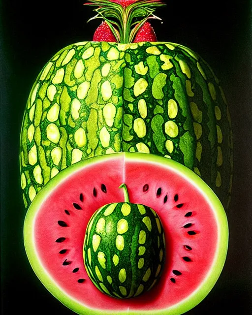 Image similar to interdimensional watermelon being made out of fruits, ethereal still life renaissance painting by giuseppe arcimboldo and alex grey