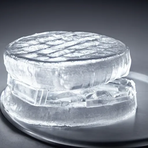 Image similar to a clear ice sculpture of a burger made entirely of ice, 4 k