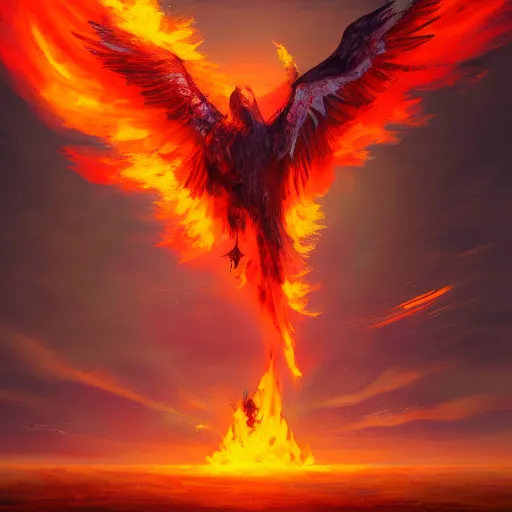 Image similar to Painting of a flying huge bird on fire trailing smoke from its wings, artstation, detailed