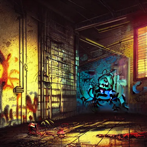 Image similar to graffiti on a wall in a run down building, happy mood, cyberpunk, high detail, golden light, realistic