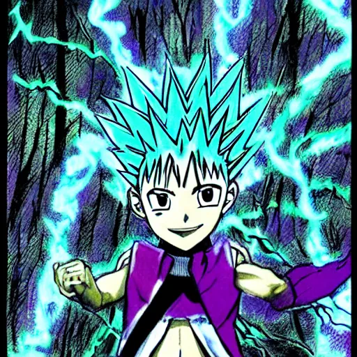 Image similar to killua electric lightning dark forest purple hunter x hunter yoshihiro togashi