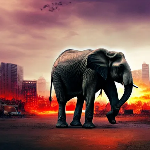 Image similar to elephant in a post apocalyptic city where the sky is on fire