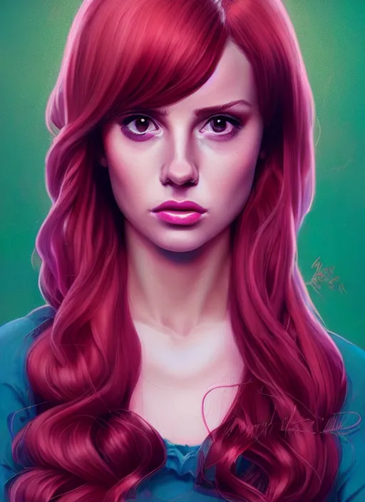 Image similar to full body portrait of teenage cheryl blossom, bangs, green eyes, sultry expression, red hair, sultry smirk, bangs and wavy hair, pink skirt, bangs, intricate, elegant, glowing lights, highly detailed, digital painting, artstation, concept art, smooth, sharp focus, illustration, art by wlop, mars ravelo and greg rutkowski