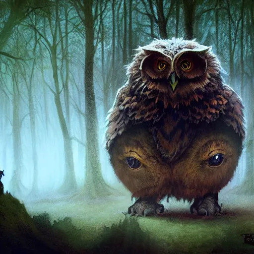 Image similar to three quarter portrait of an owlbear in the forest, d & d, fantasy, greg rutkowski, frank frazetta, alexandre chaudret, boris vallejo, michael whelan, miro petrov, hr giger, magali villeneuve, donato giancola