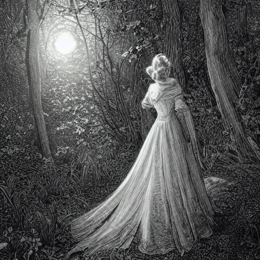 Prompt: beautiful elegant!!! portrait of 1 9 4 0 s woman tolkien elf in the forest at night rivendale, style of gustave dore, moon and stars