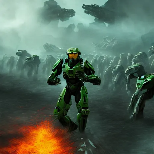 Prompt: digital art, trending on artstation, the master chief of halo fighting an army of aliens in hell.