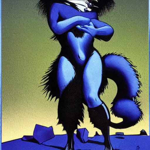 Image similar to a skunk that is blue by richard corben style