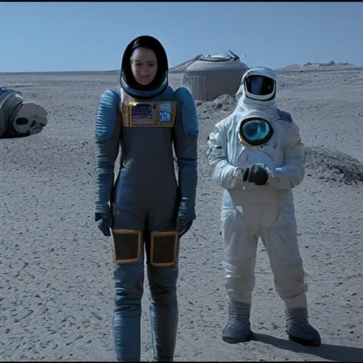 Prompt: katherine waterston wearing a nasa suit in the movie black rain, ultra detailed abandoned buildings under the sand in night arrakis desert, film still from the movie by alejandro jodorowsky with cinematography of christopher doyle, 8 k, unreal engine, art by todd mcfarlane and artgerm and greg rutkowski and alphonse mucha